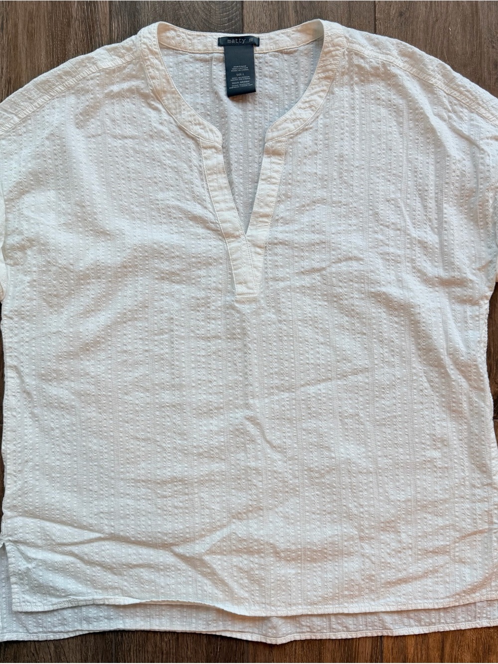 Matty White Short-Sleeve Textured Split-Neck Shirt